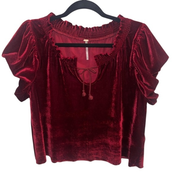NWOT Free People Velvet Tie Front Detail Tee in Deep Red ♥️♥️ Size Small Holiday - Picture 1 of 8